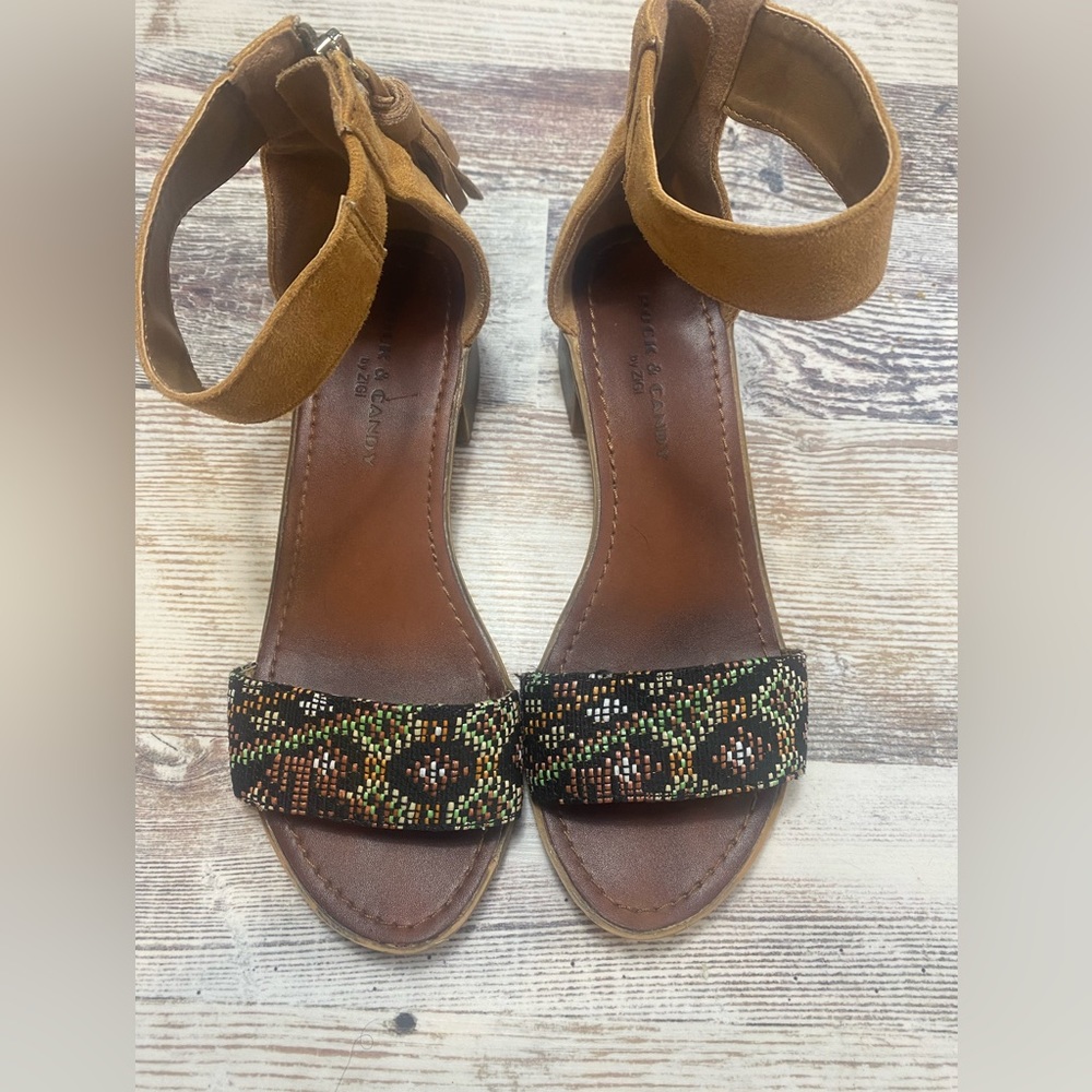 Rock & Candy Nancie by Zigi Brown Suede Ankle With Tassel Strap Sandals  - 6 1/2